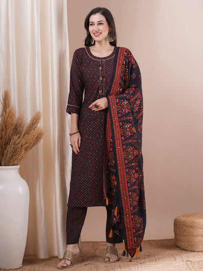 Floral Foil Printed Straight Fit Kurta with Pant & Dupatta - Black