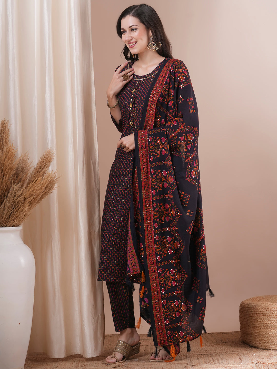 Floral Foil Printed Straight Fit Kurta with Pant & Dupatta - Black