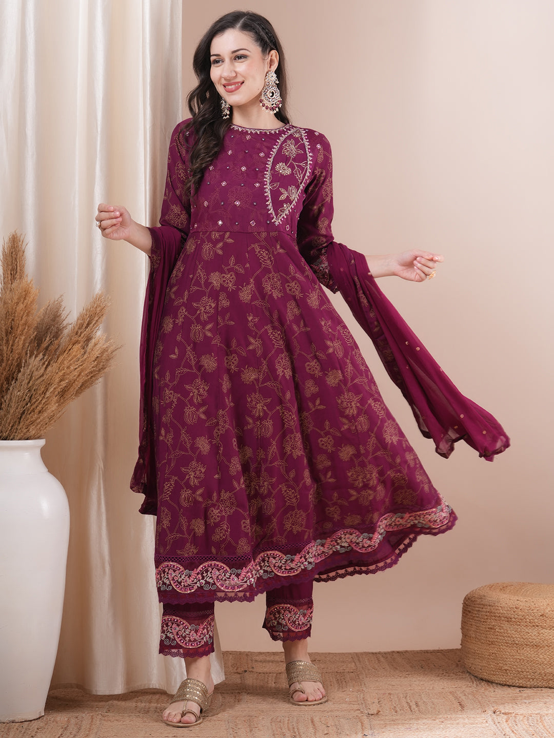 Ethnic Printed & Embroidered Anarkali Kurta with Pant & Dupatta - Burgundy