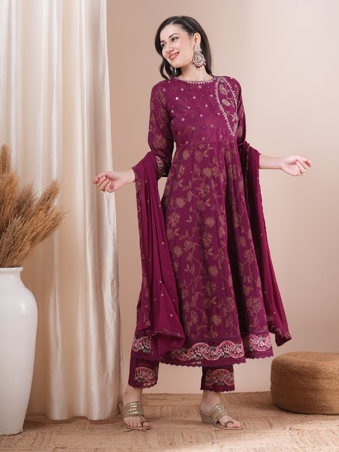 Ethnic Printed & Embroidered Anarkali Kurta with Pant & Dupatta - Burgundy