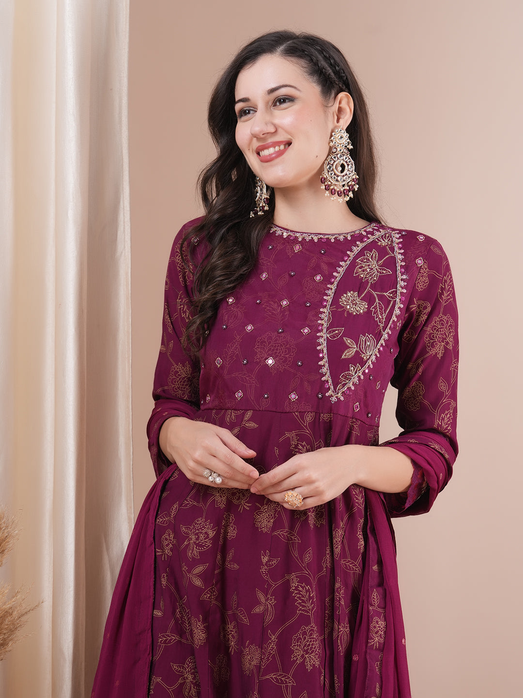 Ethnic Printed & Embroidered Anarkali Kurta with Pant & Dupatta - Burgundy