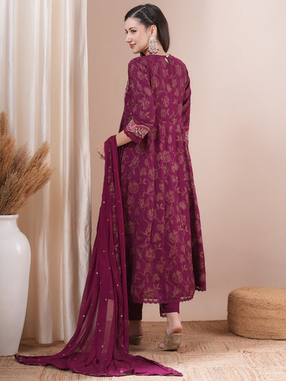 Ethnic Printed & Embroidered Anarkali Kurta with Pant & Dupatta - Burgundy