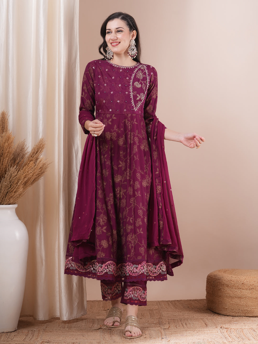 Ethnic Printed & Embroidered Anarkali Kurta with Pant & Dupatta - Burgundy