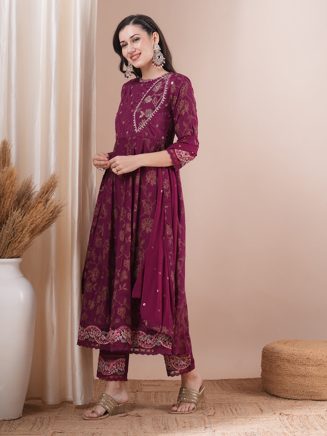 Ethnic Printed & Embroidered Anarkali Kurta with Pant & Dupatta - Burgundy