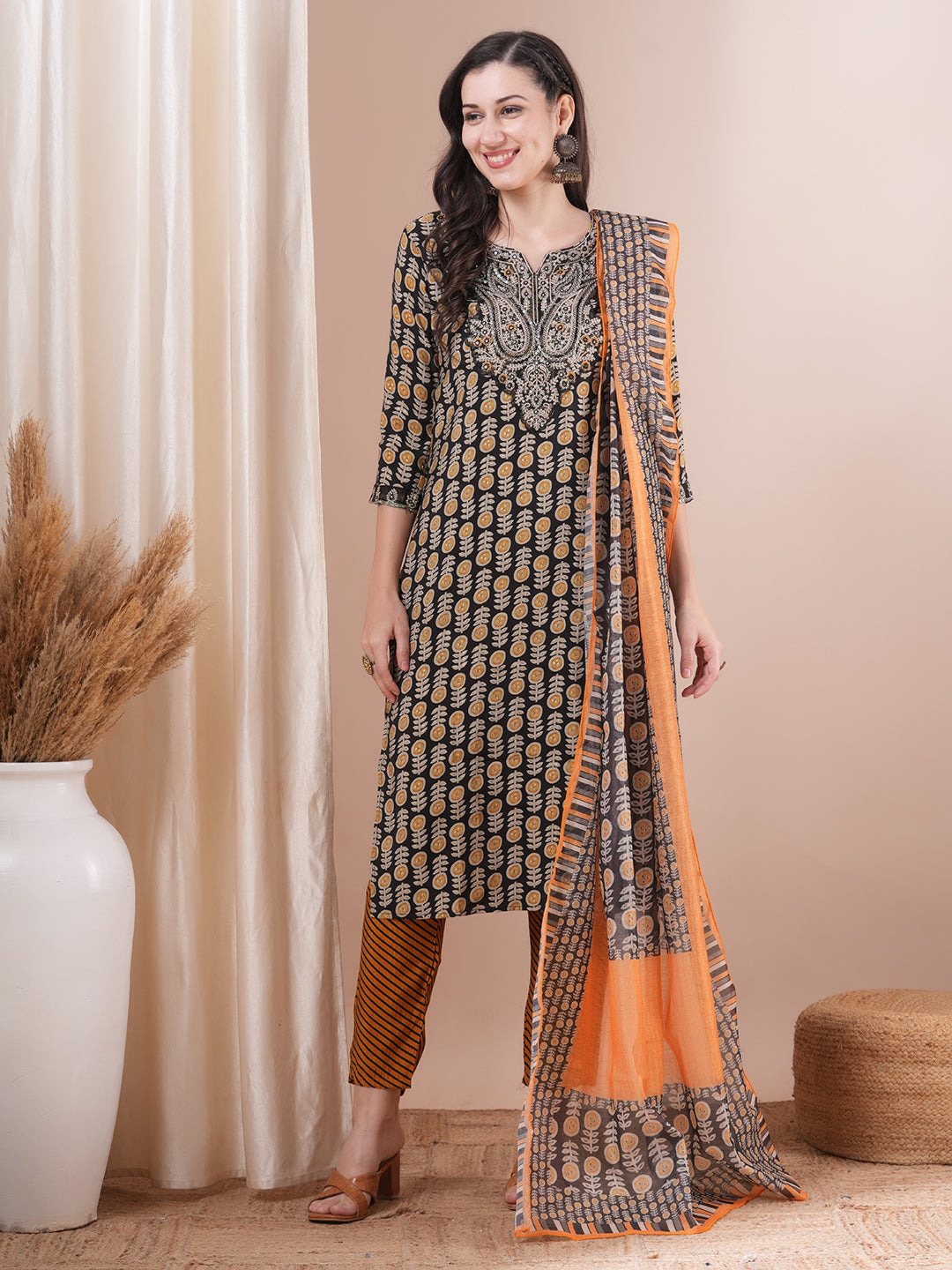 Ethnic Printed & Embroidered Straight Fit Kurta with Pant and Dupatta - Black