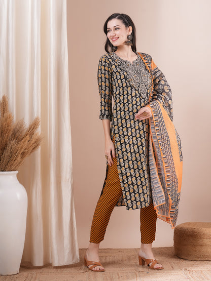 Ethnic Printed & Embroidered Straight Fit Kurta with Pant and Dupatta - Black