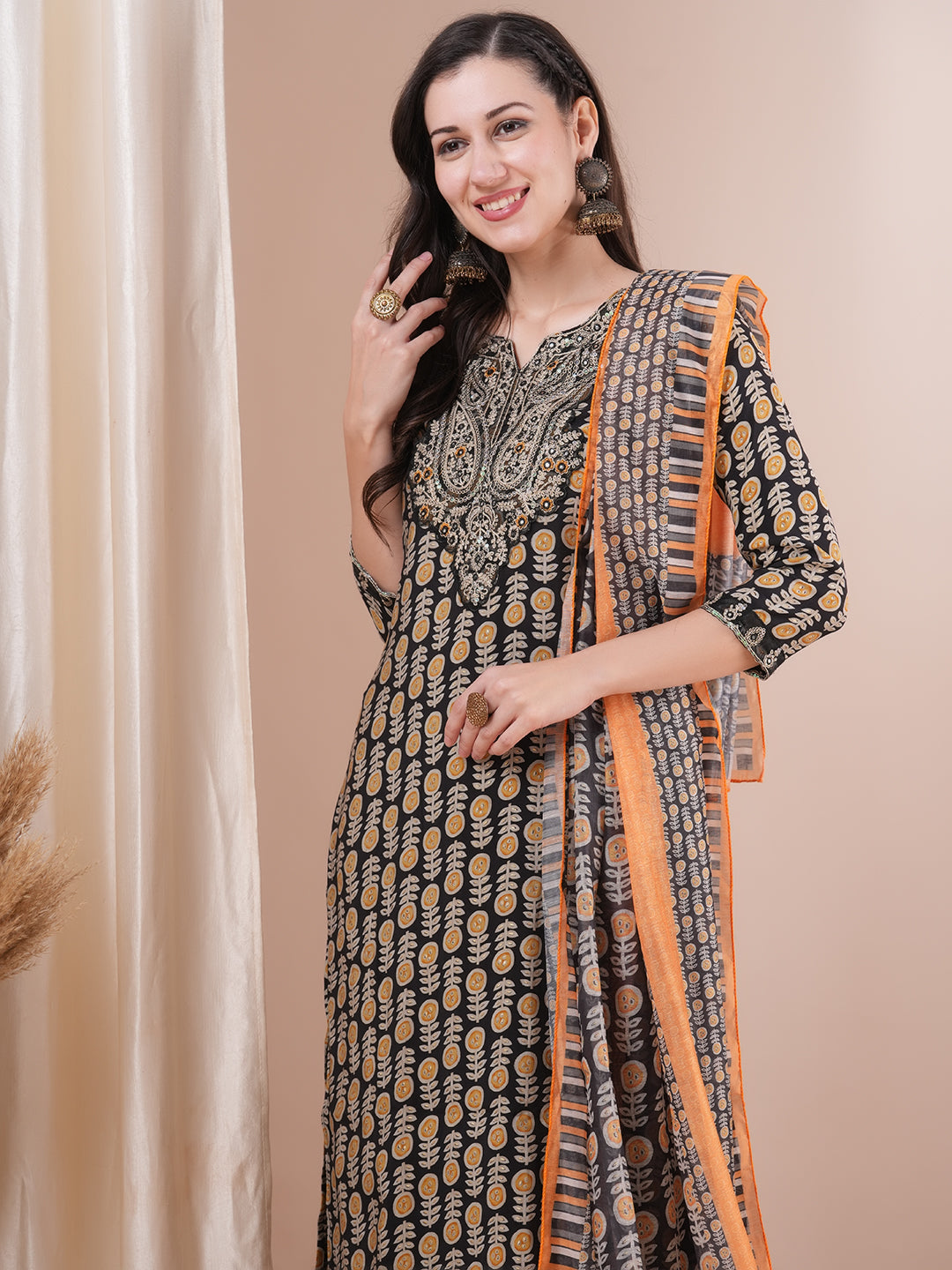 Ethnic Printed & Embroidered Straight Fit Kurta with Pant and Dupatta - Black