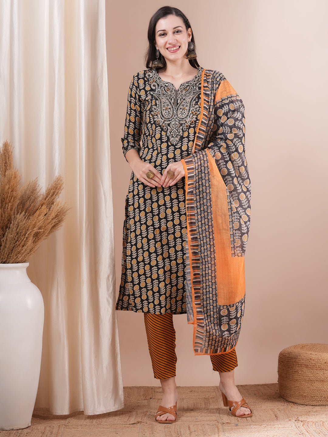 Ethnic Printed & Embroidered Straight Fit Kurta with Pant and Dupatta - Black