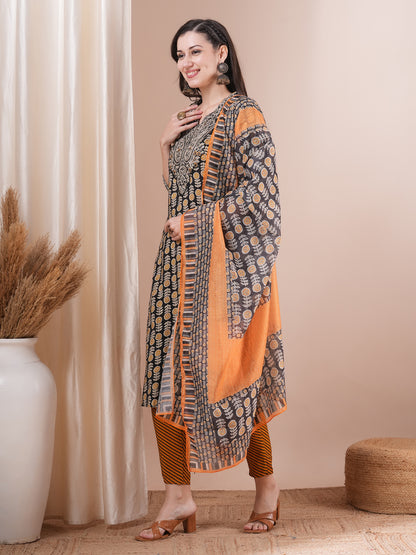 Ethnic Printed & Embroidered Straight Fit Kurta with Pant and Dupatta - Black