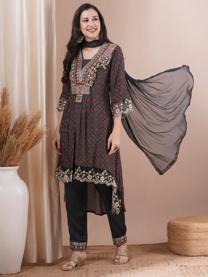 Ethnic Printed & Embroidered A-Line Pleated Kurta with Pant & Dupatta - Black