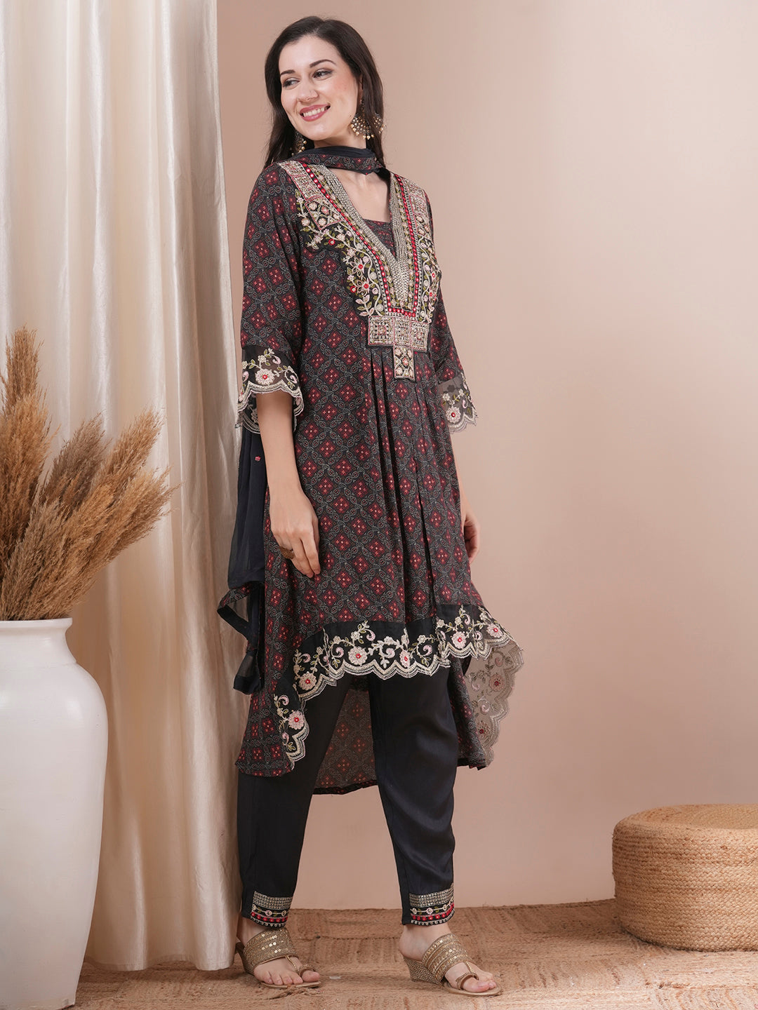 Ethnic Printed & Embroidered A-Line Pleated Kurta with Pant & Dupatta - Black