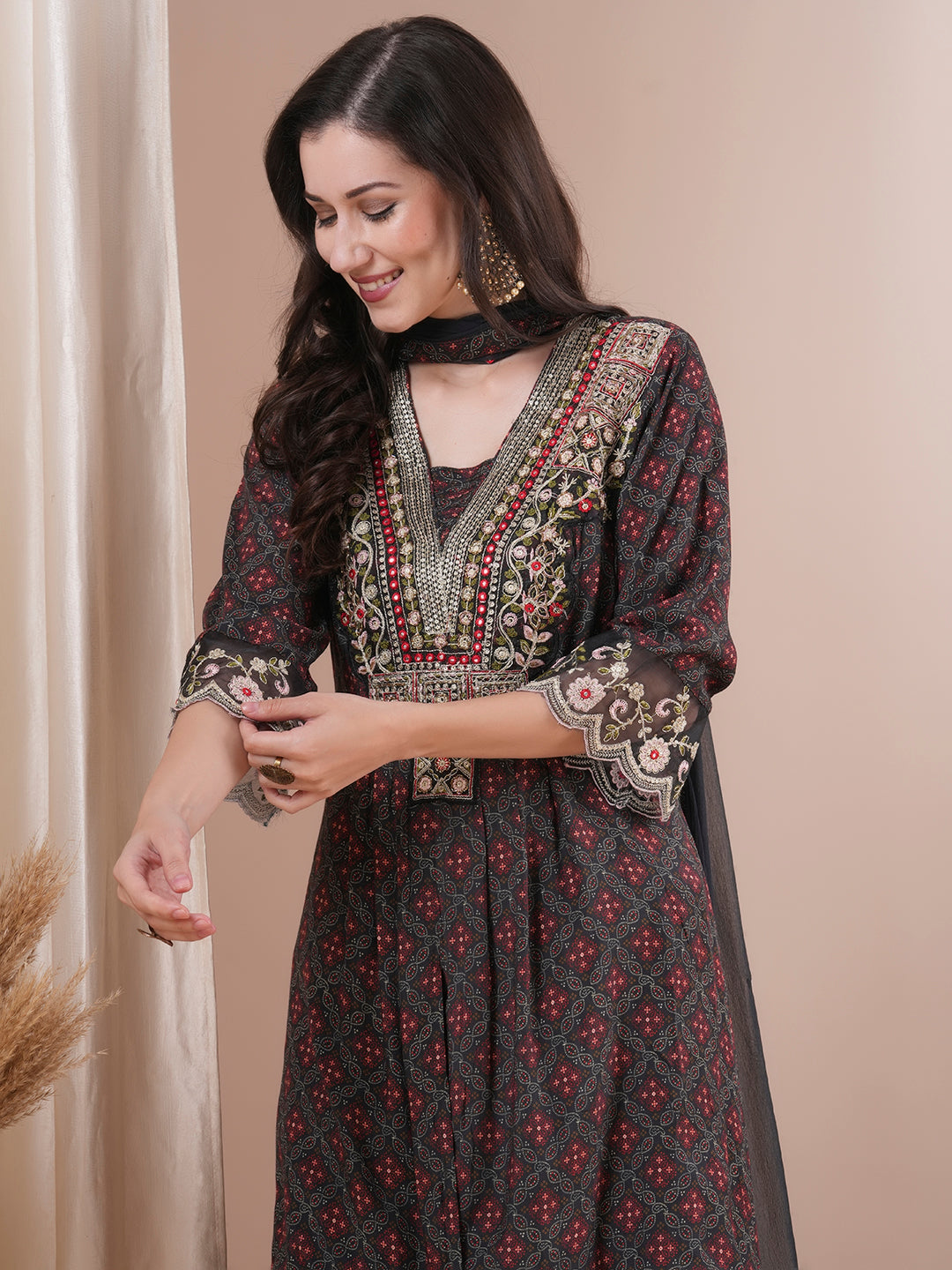 Ethnic Printed & Embroidered A-Line Pleated Kurta with Pant & Dupatta - Black