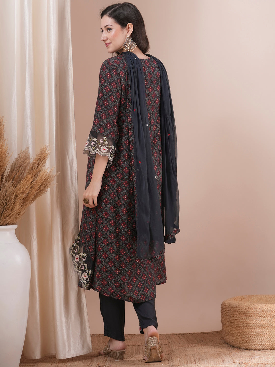 Ethnic Printed & Embroidered A-Line Pleated Kurta with Pant & Dupatta - Black