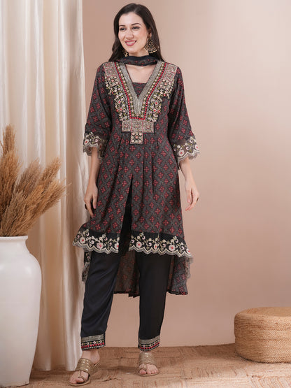 Ethnic Printed & Embroidered A-Line Pleated Kurta with Pant & Dupatta - Black