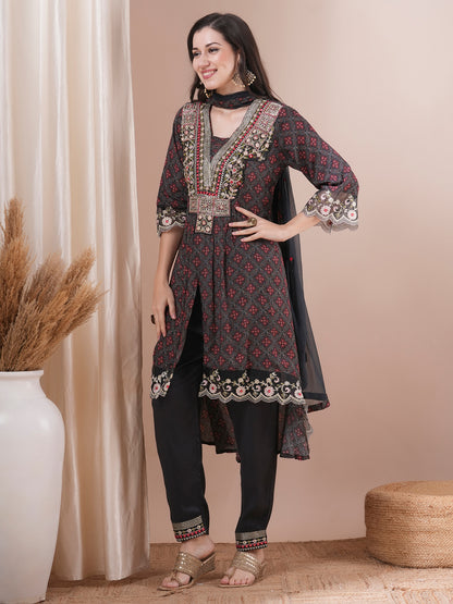 Ethnic Printed & Embroidered A-Line Pleated Kurta with Pant & Dupatta - Black