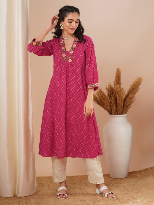 Ethnic Chevron Printed & Embroidered A-Line Kurta - Pink