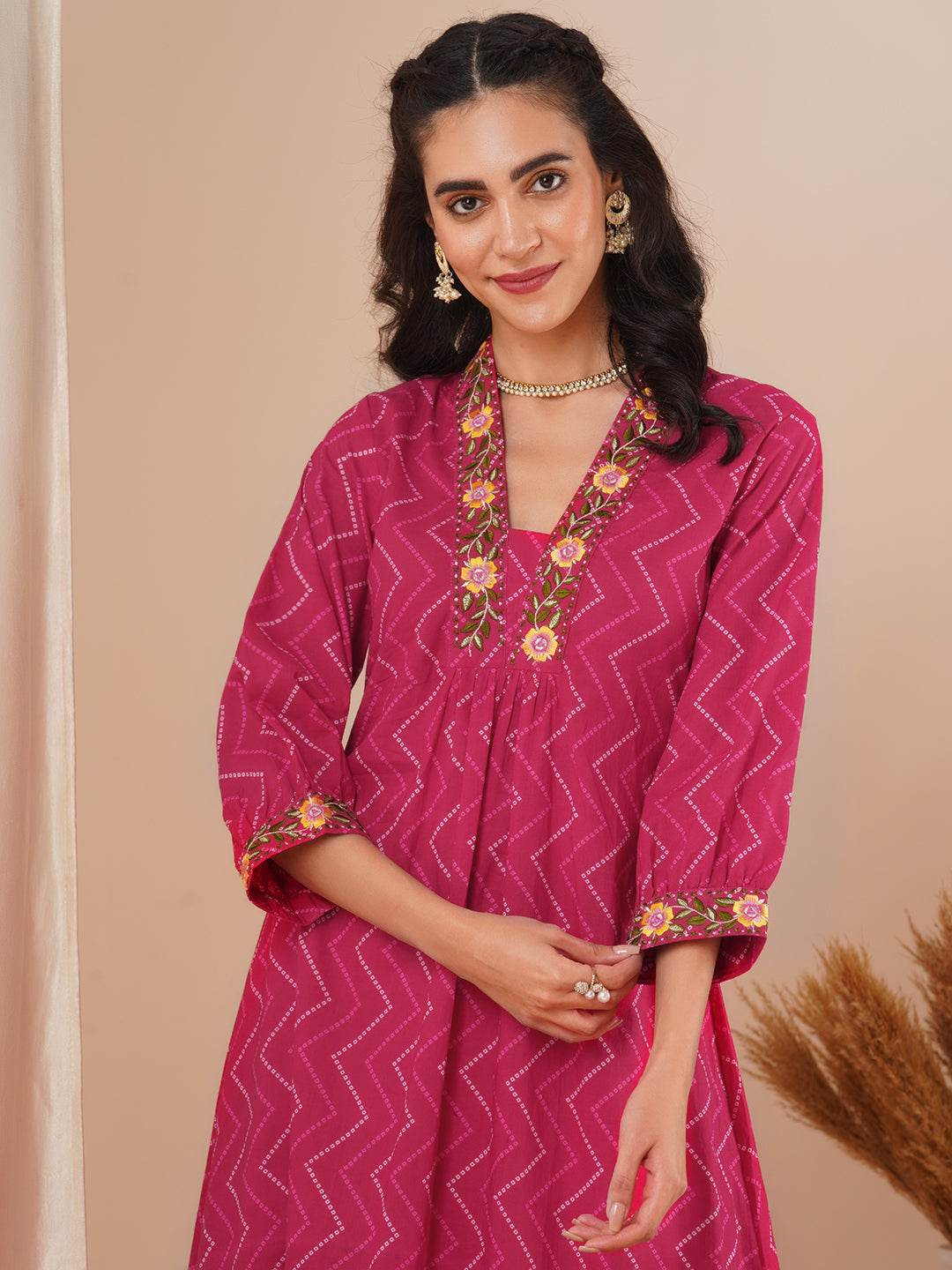 Ethnic Chevron Printed & Embroidered A-Line Kurta - Pink