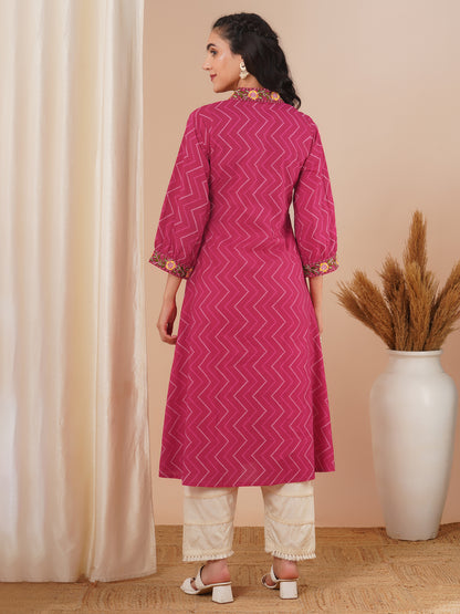 Ethnic Chevron Printed & Embroidered A-Line Kurta - Pink