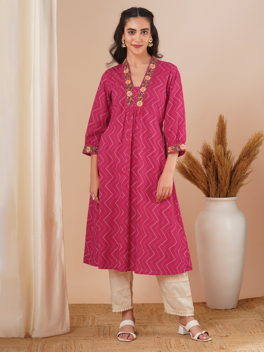 Ethnic Chevron Printed & Embroidered A-Line Kurta - Pink