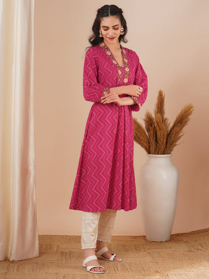 Ethnic Chevron Printed & Embroidered A-Line Kurta - Pink