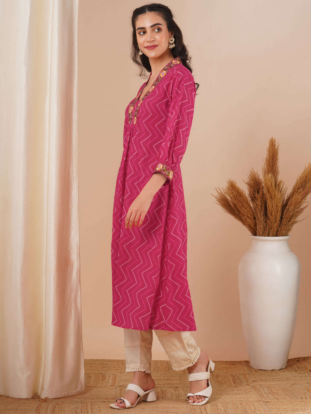 Ethnic Chevron Printed & Embroidered A-Line Kurta - Pink