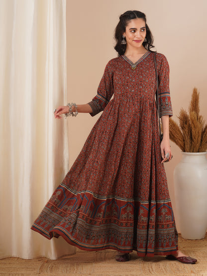 Ethnic Floral Printed & Embroidered A-Line Pleated Maxi Dress - Brown