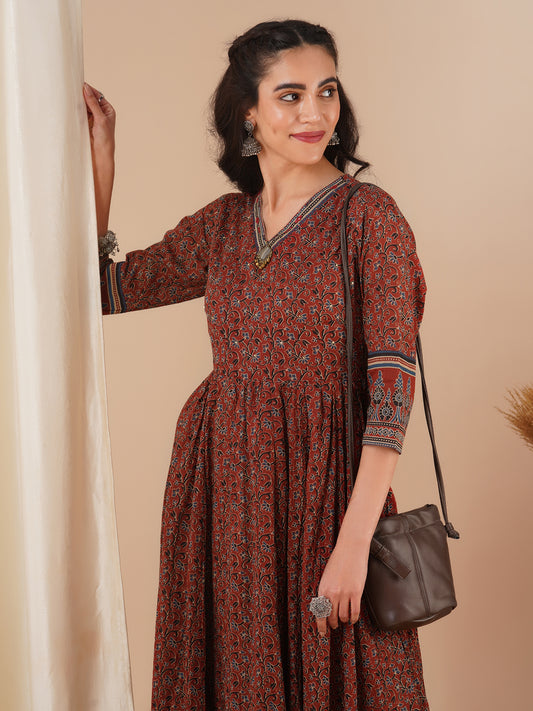 Ethnic Floral Printed & Embroidered A-Line Pleated Maxi Dress - Brown