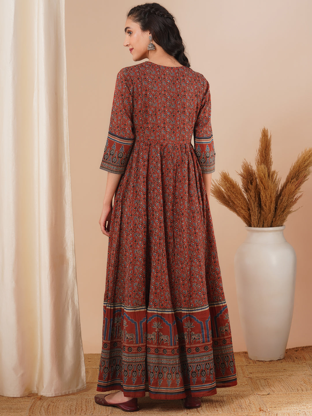 Ethnic Floral Printed & Embroidered A-Line Pleated Maxi Dress - Brown