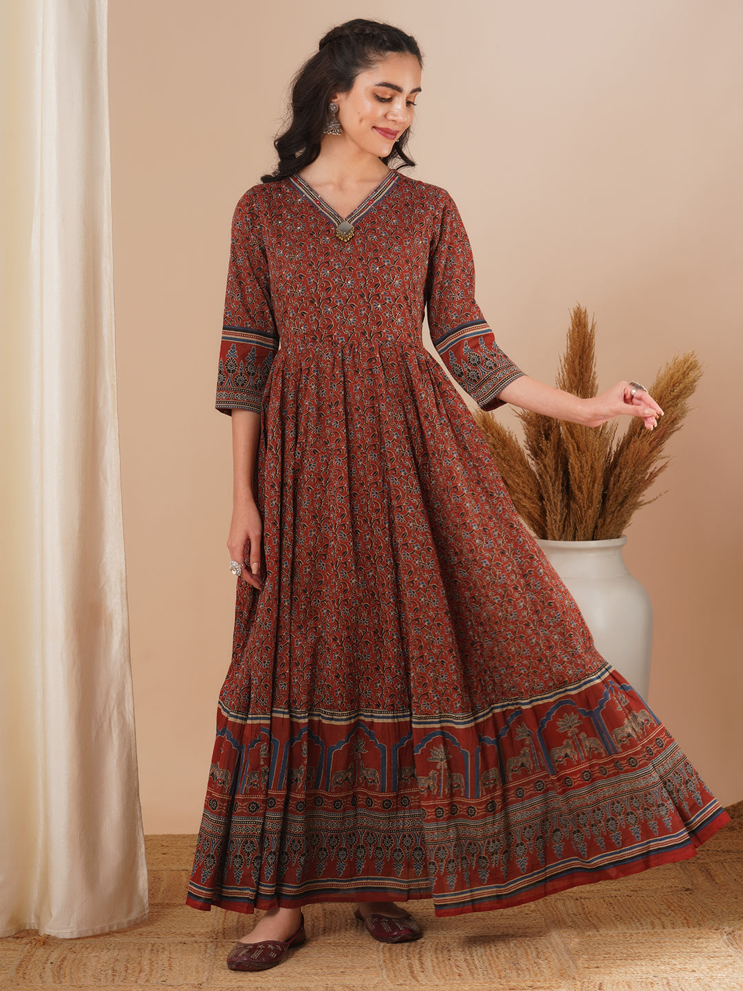 Ethnic Floral Printed & Embroidered A-Line Pleated Maxi Dress - Brown