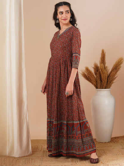 Ethnic Floral Printed & Embroidered A-Line Pleated Maxi Dress - Brown