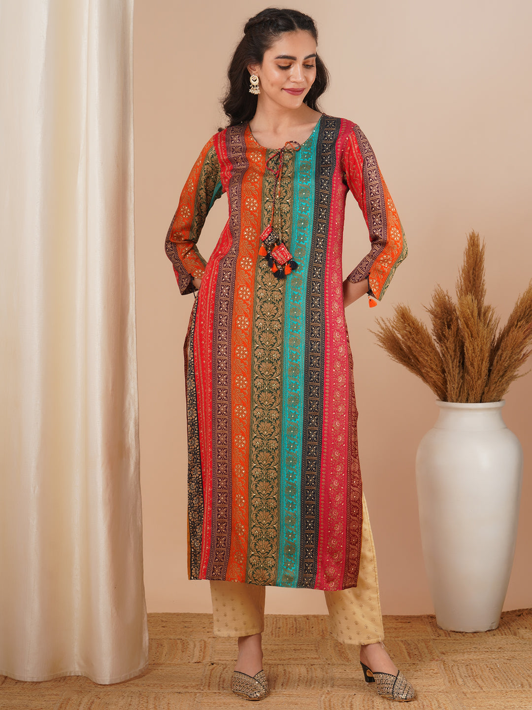 Ethnic Stripes Printed Straight Fit Kurta - Multi