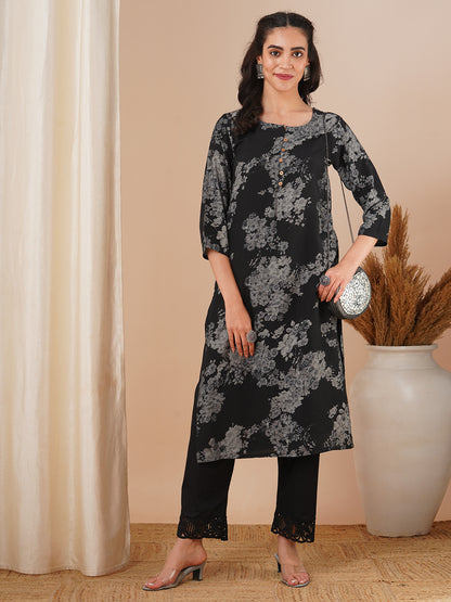 Floral Printed Straight Fit Kurta - Black