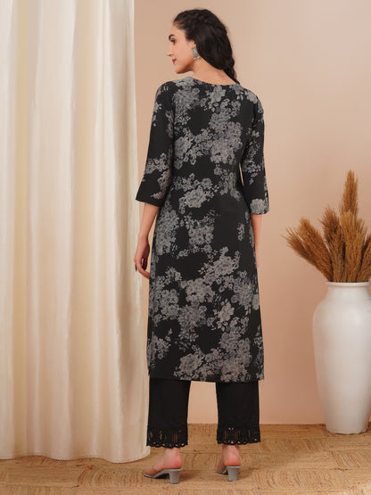 Floral Printed Straight Fit Kurta - Black