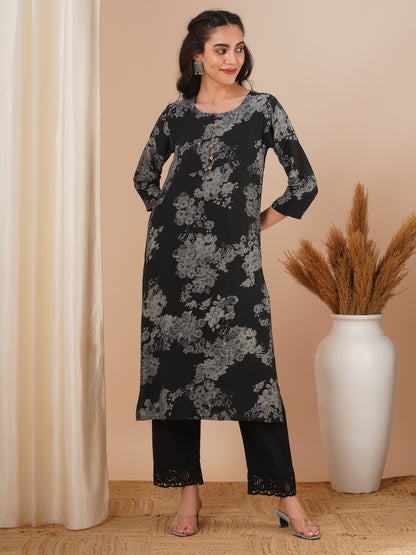 Floral Printed Straight Fit Kurta - Black