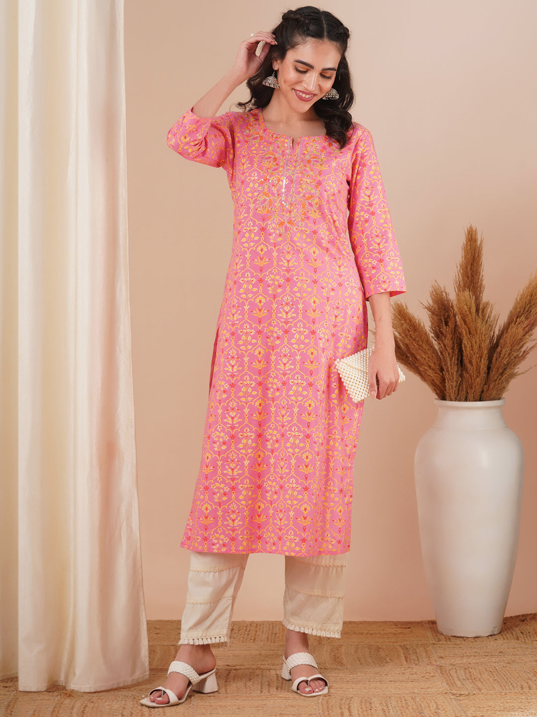 Ethnic Floral Foil Printed & Embroidered Straight Fit Kurta - Pink