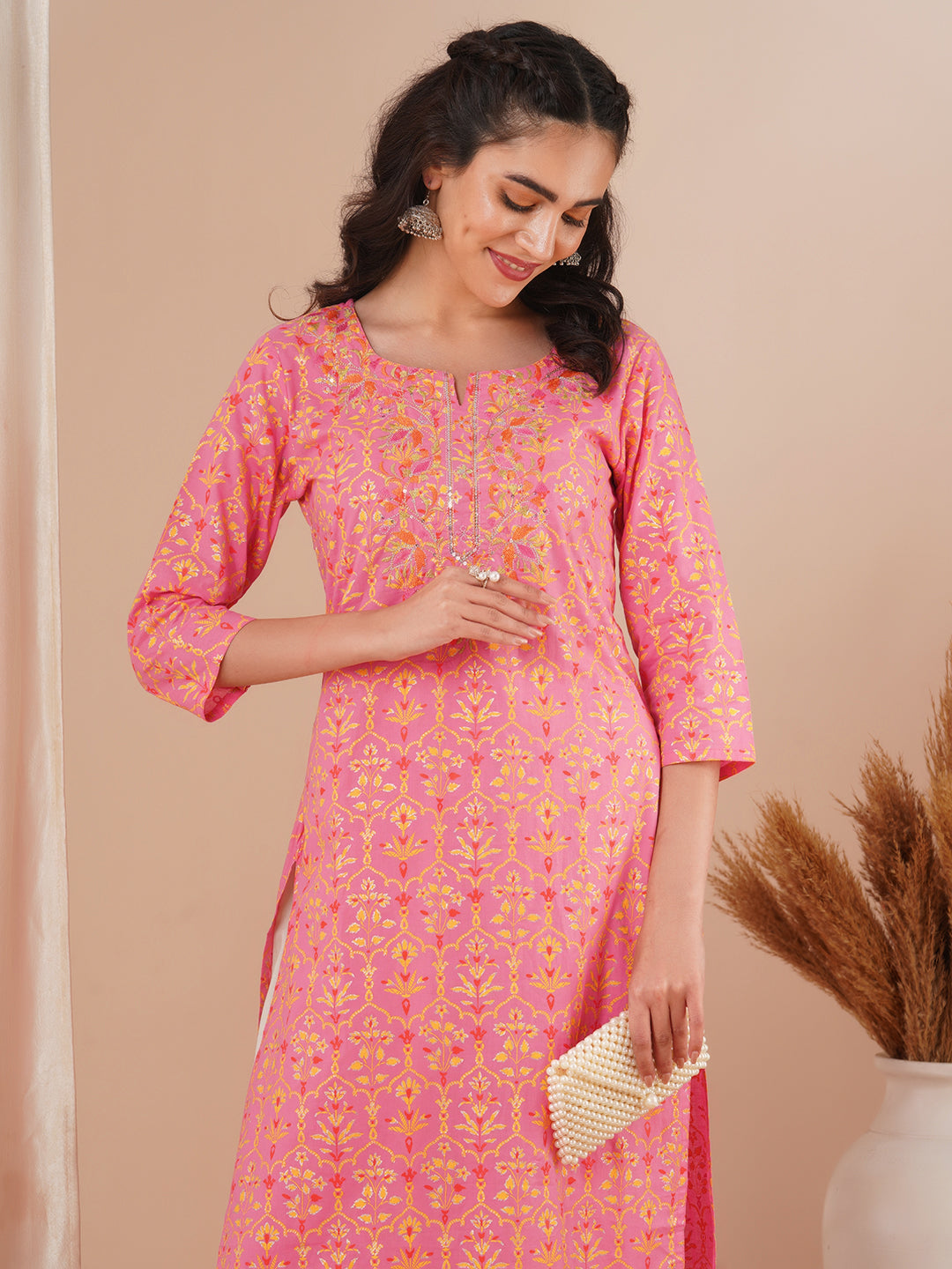 Ethnic Floral Foil Printed & Embroidered Straight Fit Kurta - Pink