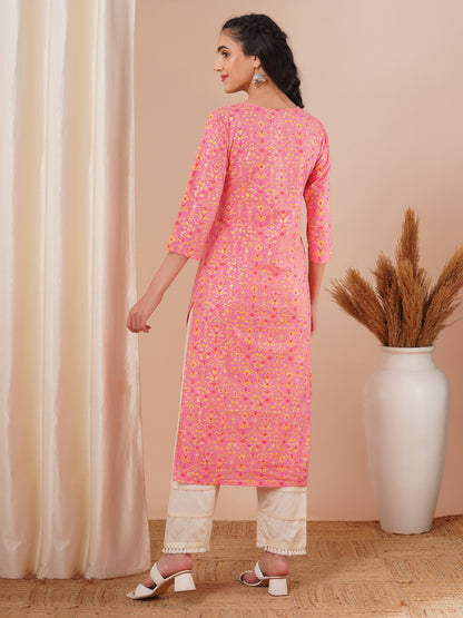 Ethnic Floral Foil Printed & Embroidered Straight Fit Kurta - Pink