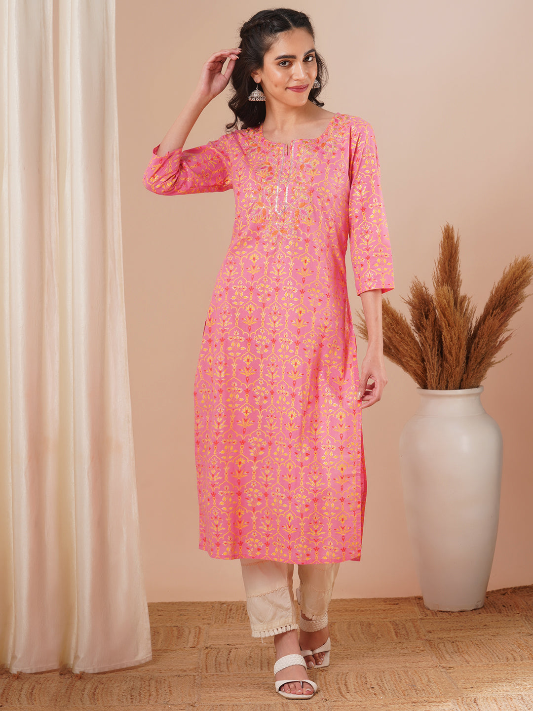 Ethnic Floral Foil Printed & Embroidered Straight Fit Kurta - Pink