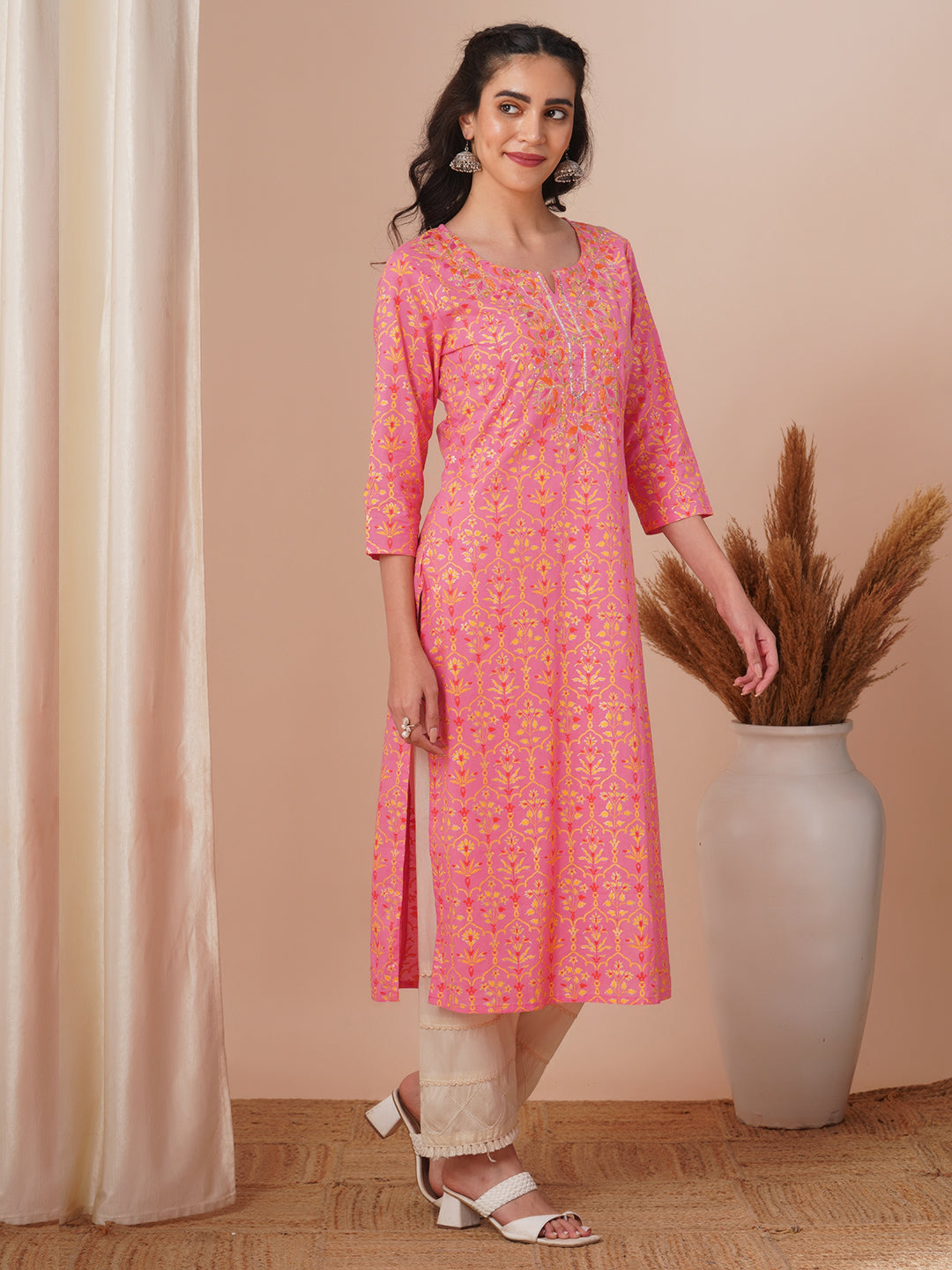 Ethnic Floral Foil Printed & Embroidered Straight Fit Kurta - Pink