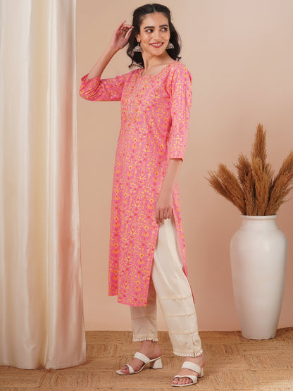 Ethnic Floral Foil Printed & Embroidered Straight Fit Kurta - Pink