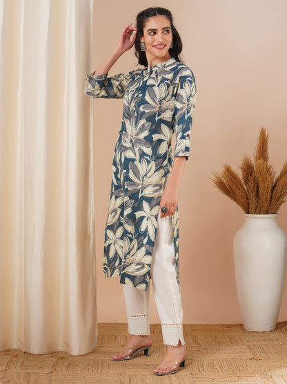 Ethnic Floral Printed Straight Fit Kurta - Sea Green