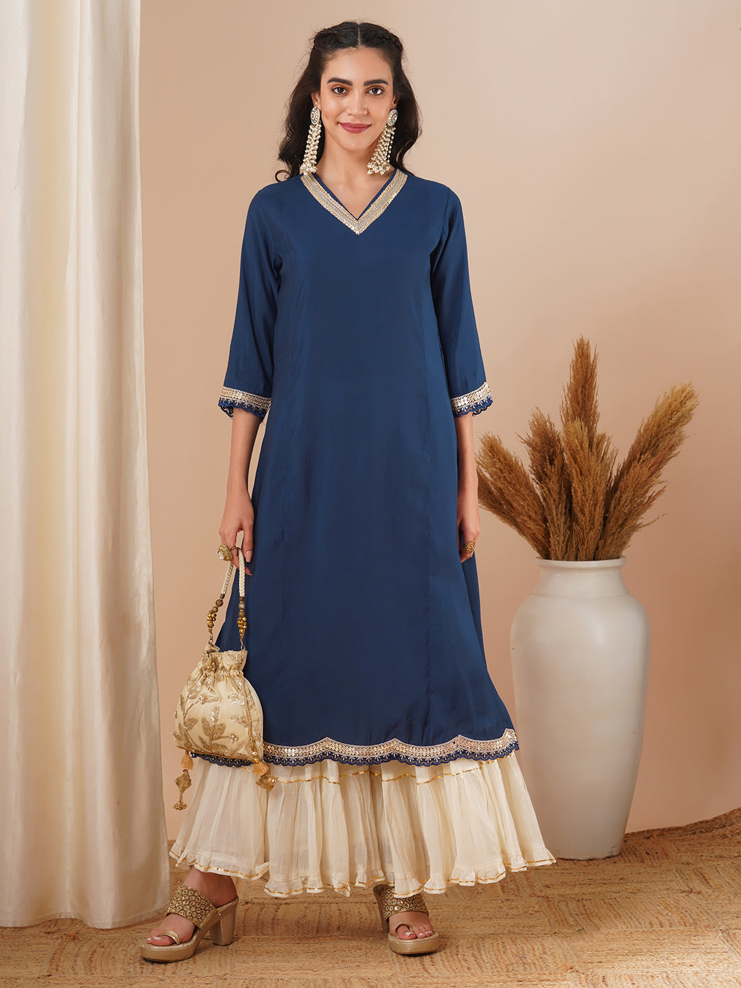 Solid Sequin Embroidered Straight Fit Kurta - Blue