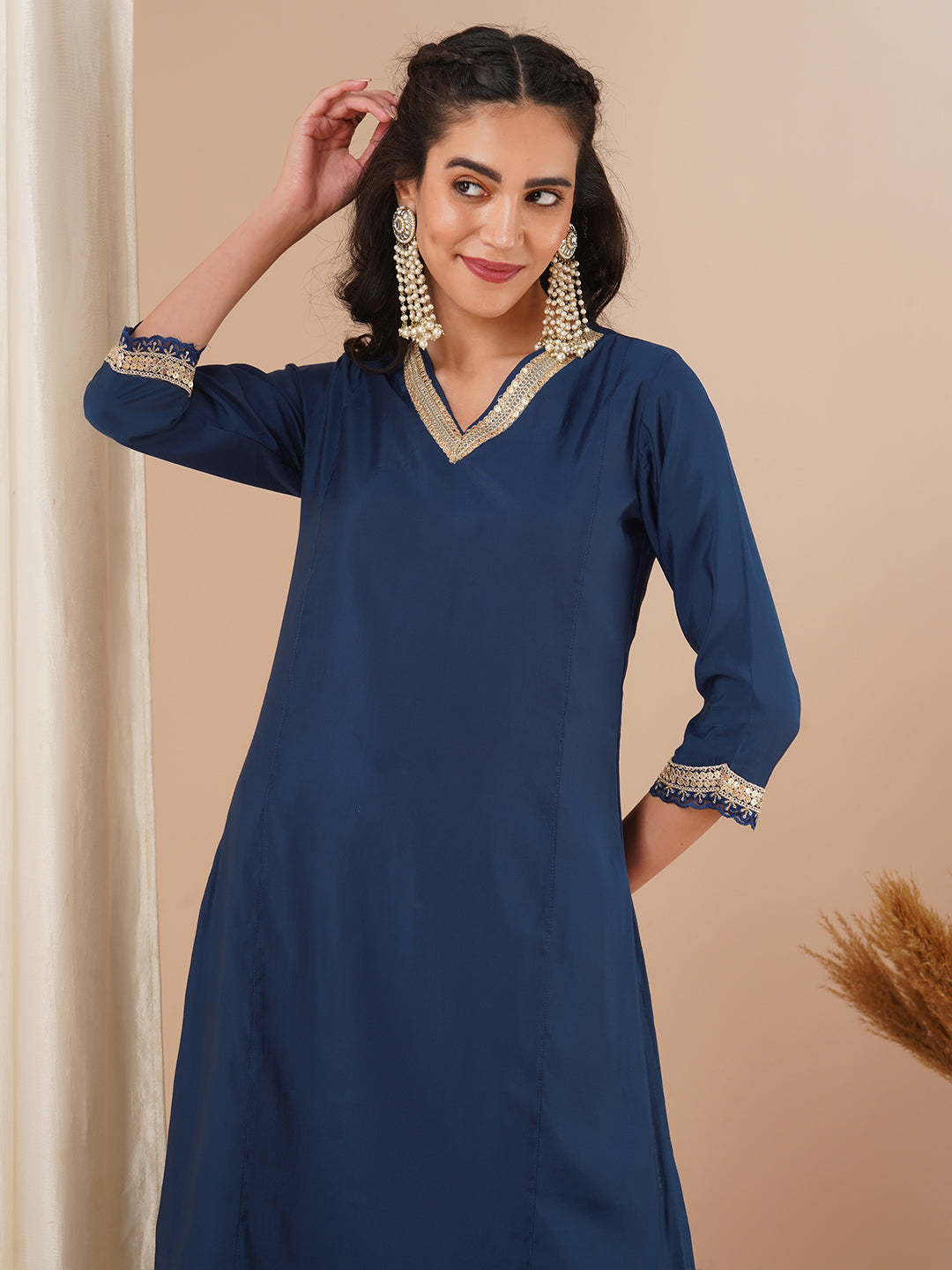 Solid Sequin Embroidered Straight Fit Kurta - Blue