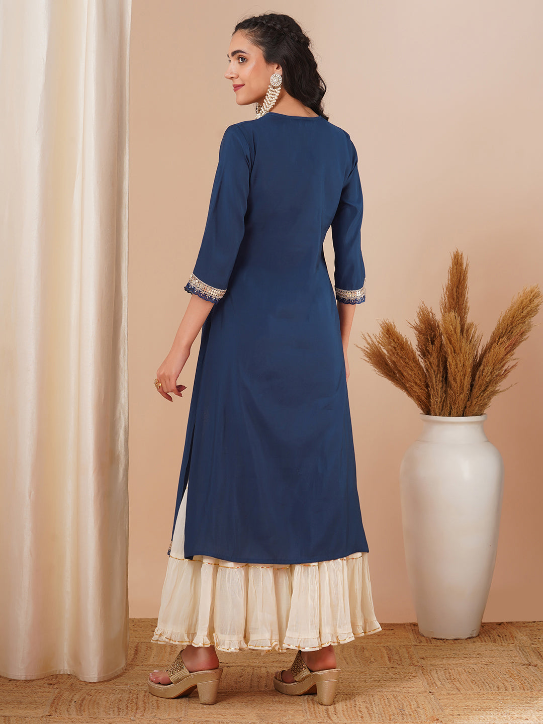 Solid Sequin Embroidered Straight Fit Kurta - Blue