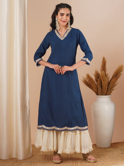 Solid Sequin Embroidered Straight Fit Kurta - Blue