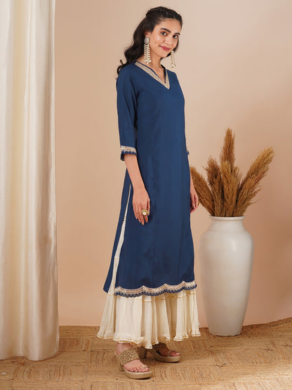 Solid Sequin Embroidered Straight Fit Kurta - Blue