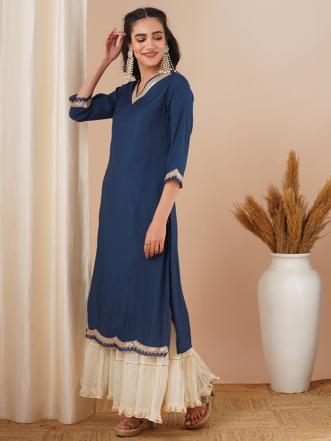 Solid Sequin Embroidered Straight Fit Kurta - Blue