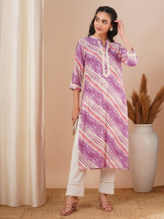 Ethnic Stripes Printed Straight Fit Kurta - Purple