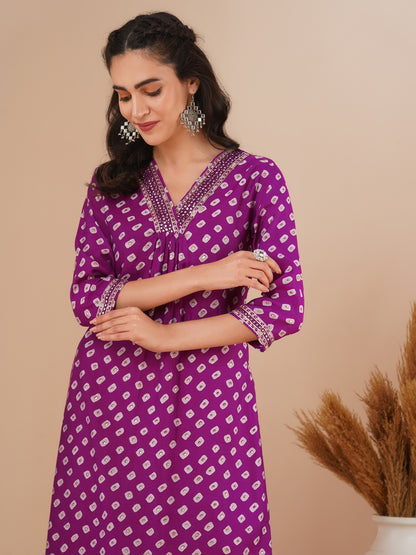 Ethnic Bandhani Foil Printed & Embroidered Straight Fit Kurta - Purple