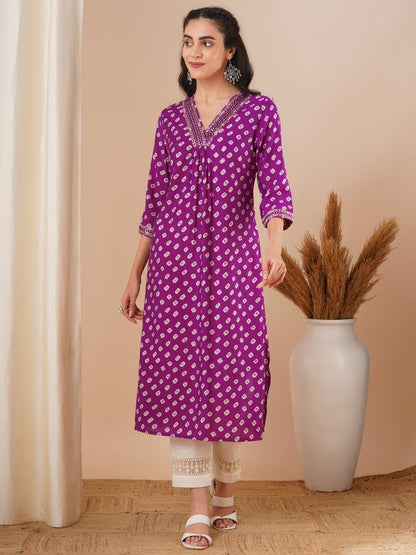 Ethnic Bandhani Foil Printed & Embroidered Straight Fit Kurta - Purple